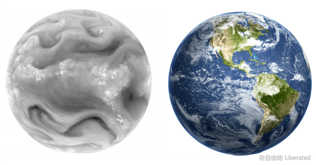 The photo shows the earth under a infrared camera and a visible light camera